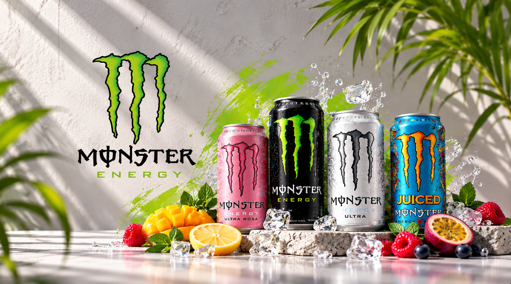 Monster Energy blikjes met tropisch fruit en ijs
